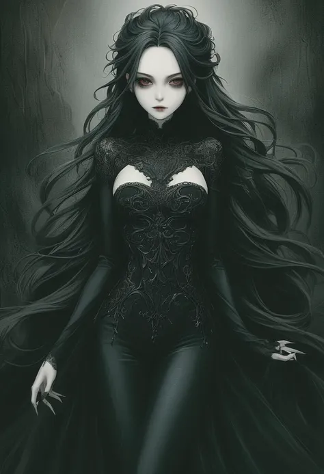 Gothic style 1girl, cute, beautiful, skinny, fit, asian, 20 years old,  [very long hair|black hairl], messy hair, pale skin , medium breast . Dark, mysterious, haunting, dramatic, ornate, detailed