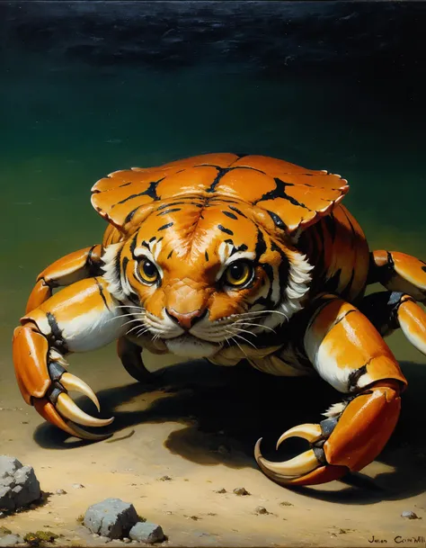 cursed tiger-crab ((hybrid)),(Oil painting) (by Jean-François Millet), (by Gustave Courbet), (by Jules Breton), close up, <lora:add-detail-xl:3>,