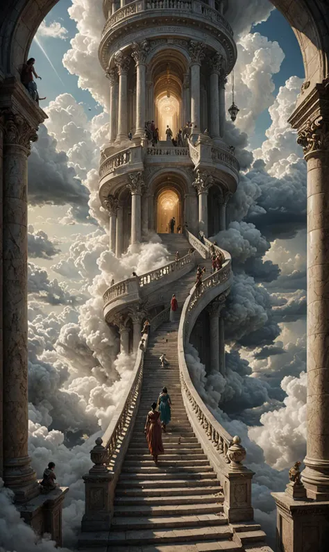 A surreal depiction of the quest for equality, represented by a vast, ((endless staircase winding through the clouds)), with diverse people climbing together toward a shining, elusive doorway at the top. The scene blends elements of fantasy and reality, with barriers along the path symbolizing various social obstacles. The mood is hopeful yet challenging, with ethereal lighting and symbolic motifs scattered throughout. <lora:add-detail-xl:1>