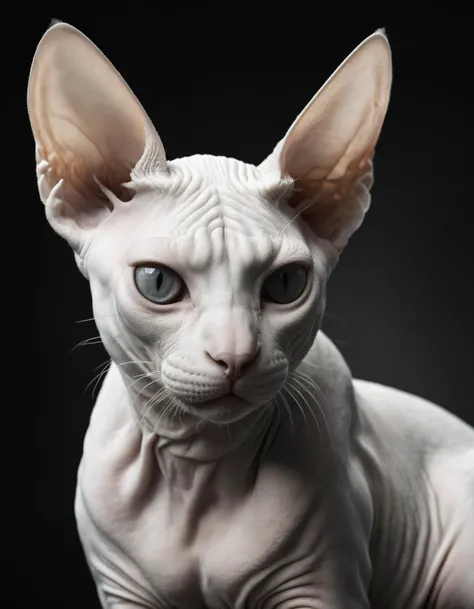 by Helmut Newton, hyper realistic greyscale photo of a pure white sphynx cat, (monochrome, chiaroscuro, photorealistic, professional, masterful:1.4), hyper detailed, award winning, limited monochrome palette, extremely high contrast, ivory and black hue, (intricate details, masterpiece, best quality:1.4),
dramatic cinematic lighting, wide angle panoramic view, simple black background, dynamic,
<lora:add-detail-xl:0.5> <lora:xl_more_art-full_v1:0.5>