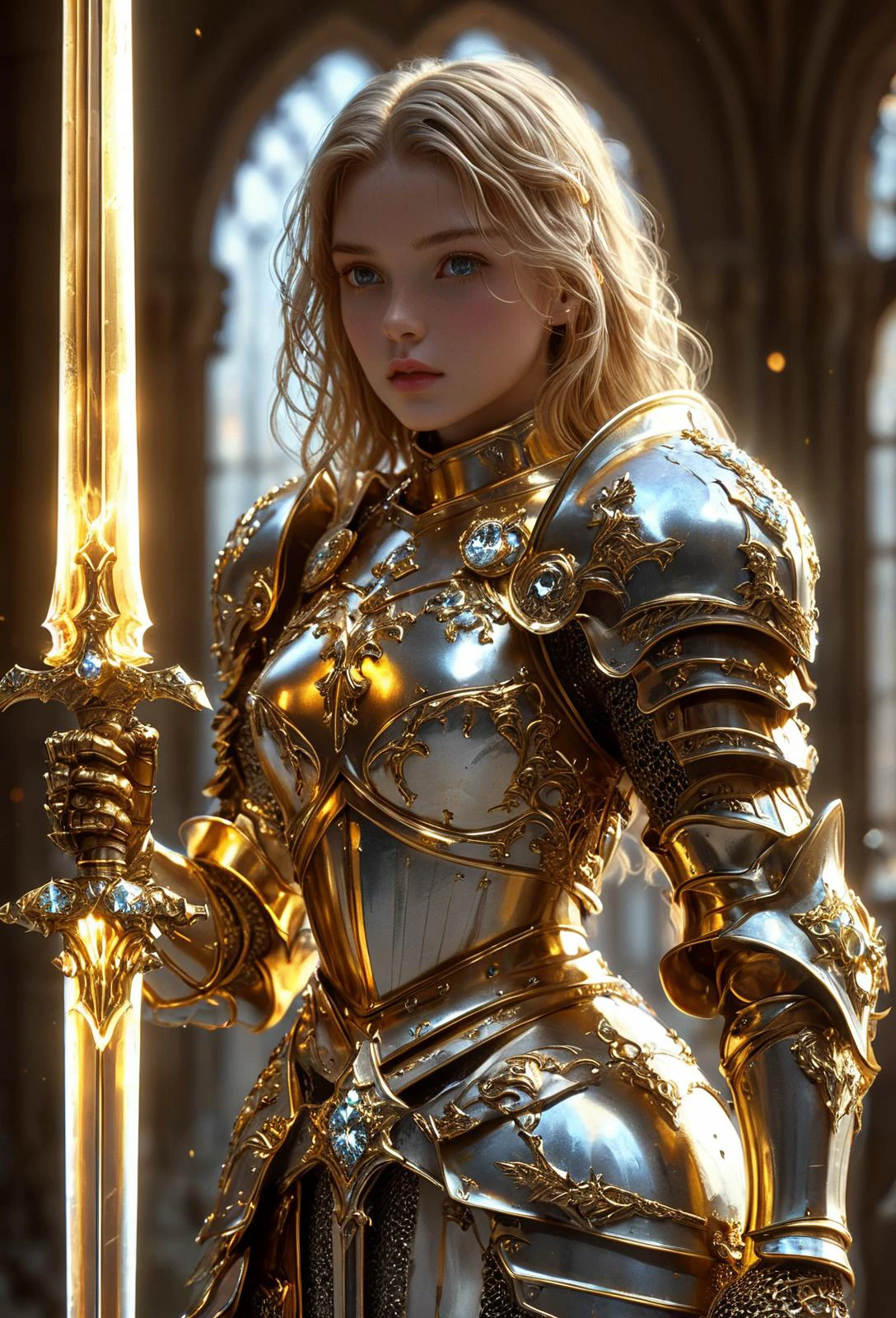 amazing quality, masterpiece, best quality, hyper detailed, ultra detailed, UHD, perfect anatomy, (in castle:1.2),
girl knight, holding a sword, dazzling ,transparent ,polishing, (1 arm up),
waving sword, gold armor, glowing armor, glowing eyes, full armor, shine armor, dazzling armor,
<lora:HKStyle:0.85>, HKStyle,
<lora:add-detail-xl:0.75>,
<lora:quality1:0.75>,
<lora:extremely_detailed:0.6>, extremely detailed,
<lora:ral-bling-sdxl:0.7> ral-bling,
