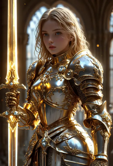 amazing quality, masterpiece, best quality, hyper detailed, ultra detailed, UHD, perfect anatomy, (in castle:1.2),
girl knight, holding a sword, dazzling ,transparent ,polishing, (1 arm up),
waving sword, gold armor, glowing armor, glowing eyes, full armor, shine armor, dazzling armor, 
<lora:HKStyle:0.85>, HKStyle,
<lora:add-detail-xl:0.75>,
<lora:quality1:0.75>,
<lora:extremely_detailed:0.6>, extremely detailed,
 <lora:ral-bling-sdxl:0.7> ral-bling,