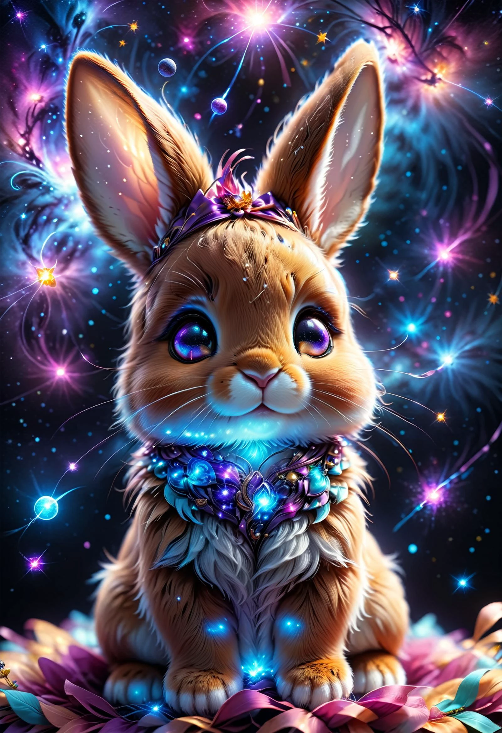 (((videogame_style))), (sharp focus:1.2), lineart, flat color, monochrome, greyscale, depth of field, bokeh, 8k, OLED, 1 bunny, being playful, wearing ribbon choker in different colours, different fur, super cute,, The bunny raises its paws towards the viewer, in the galaxy, space bunny lying on a ruffled pillow in the clouds,purple pillow, lluminated by the ethereal glow of cosmic lightning, the light is reflecting shadows on the cute animal, for the viewer, it appears alive, as if a glimpse of its inner sparkle is possible, star sky, peacful and grateful atmosphere, painted hearts, magical atmosphere, close up, (((cuteness overload))), <lora:detailed_notrigger:0.9>, zhibi <lora:zhibi:0.8>, <lora:tweak-detail-xl:0.7> <lora:Jed-Cosmos-sdxl:0.7> Jed-Cosmos