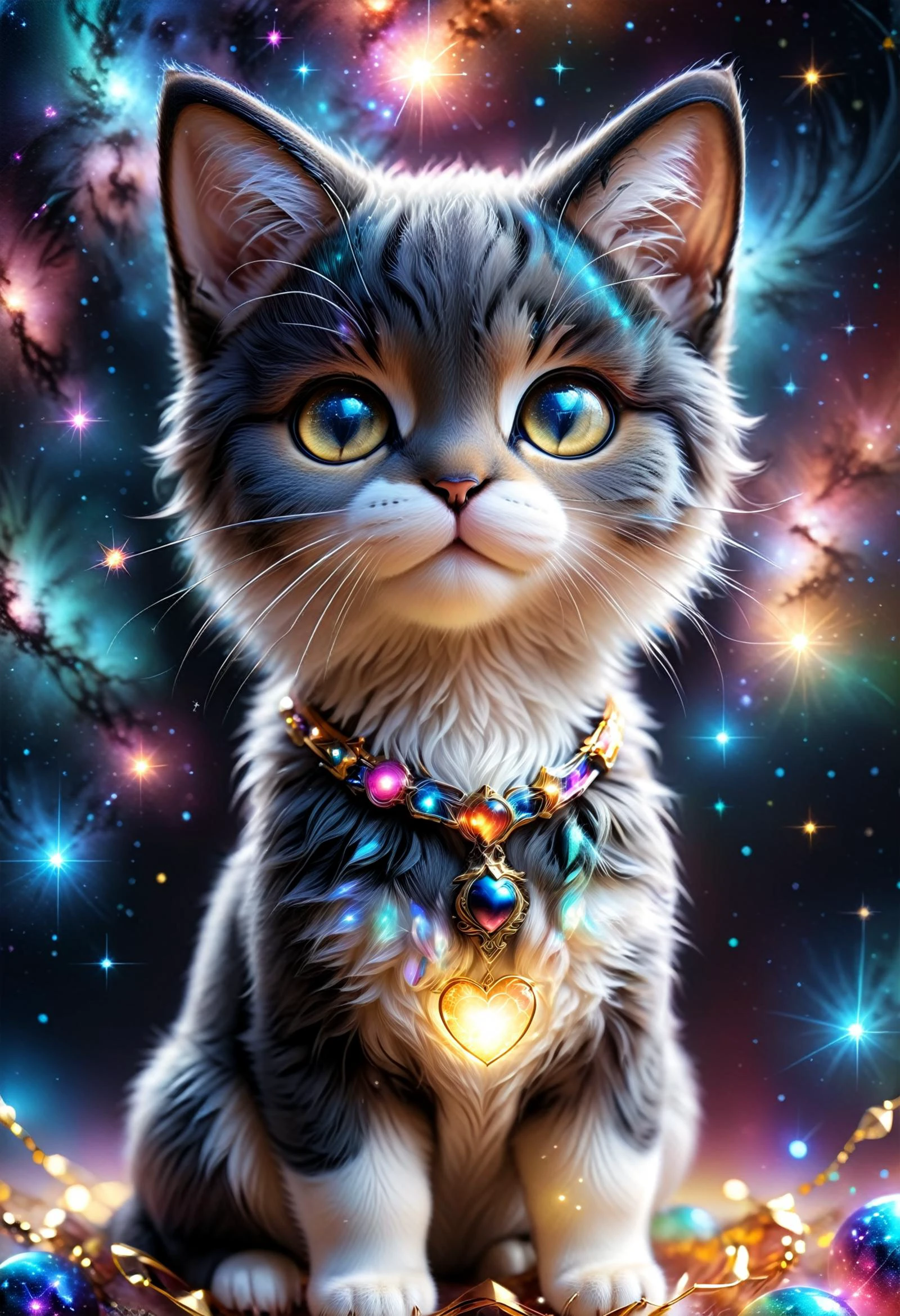 ((videogame_style))), (sharp focus:1.2), lineart, flat color, monochrome, greyscale, depth of field, bokeh, 8k, OLED, 1 cat, being playful, wearing ribbon choker in different colours, different fur, super cute,, The cat raises its paws towards the viewer, in the galaxy, space cat flying in the stars,lluminated by the ethereal glow of cosmic lightning, the light is reflecting shadows on the cute animal, for the viewer, it appears alive, as if a glimpse of its inner sparkle is possible, star sky, peacful and grateful atmosphere, painted hearts, magical atmosphere, close up, (((cuteness overload))), <lora:detailed_notrigger:0.9>, zhibi <lora:zhibi:0.8>, <lora:tweak-detail-xl:0.7> <lora:Jed-Cosmos-sdxl:0.7> Jed-Cosmos