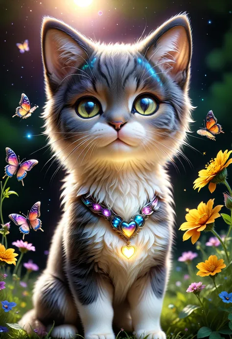 (((videogame_style))), (sharp focus:1.2), lineart, flat color, monochrome, greyscale, depth of field, bokeh, 8k, OLED, 1 cat, being playful, wearing ribbon choker in different colours, different fur, super cute,, The cat raises its paws towards the viewer, on a flower meadow at sunrise, a gloomy butterflies surround them,lluminated by the ethereal glow of studio lightning, the light is reflecting shadows on the cute animals, for the viewer, they appears alive, as if a glimpse of itheir inner sparkle is possible, sunrise, peacful and grateful atmosphere, painted hearts, magical atmosphere, close up, (((cuteness overload))), <lora:detailed_notrigger:0.9>, zhibi <lora:zhibi:0.8>, <lora:tweak-detail-xl:0.7> <lora:Jed-Cosmos-sdxl:0.7> Jed-Cosmos