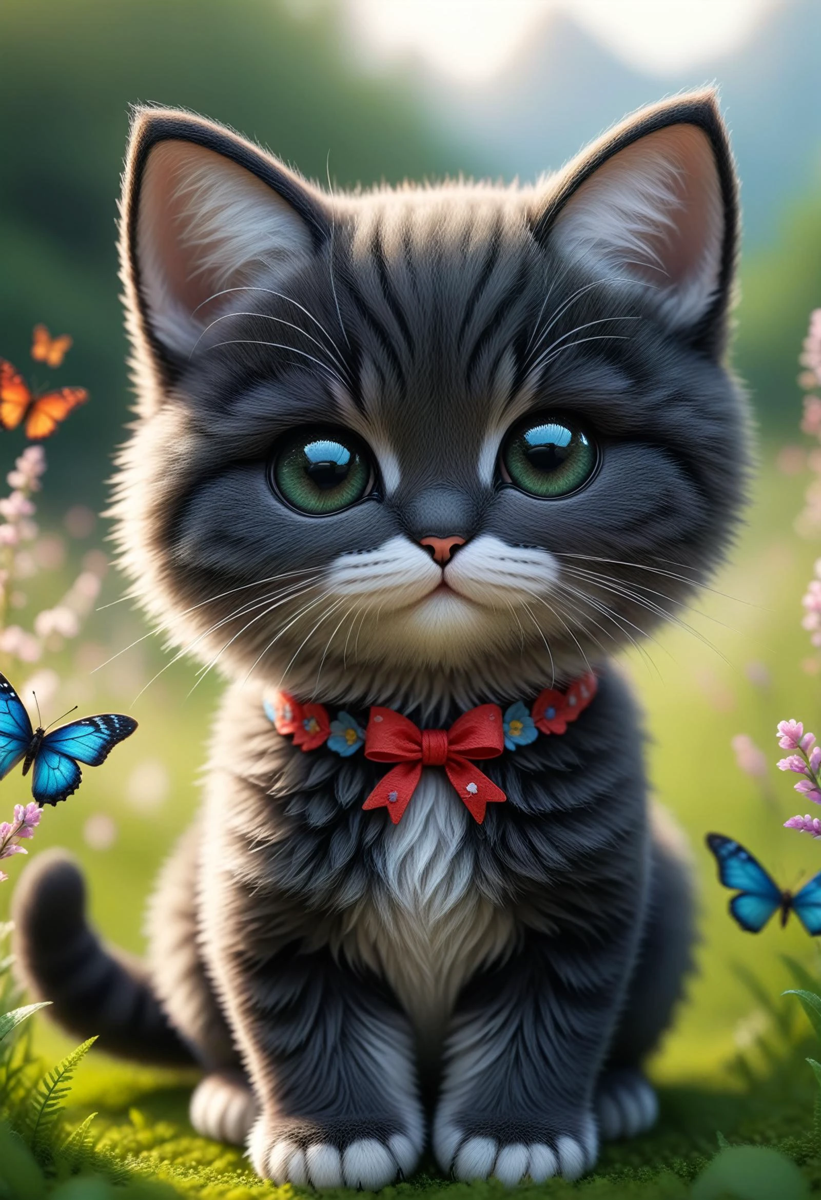 (((videogame_style))), (sharp focus:1.2), lineart, flat color, monochrome, greyscale, depth of field, bokeh, 8k, OLED, 1 black cat, being playful, wearing ribbon choker in different colours, different fur, super cute,, The cat raise its paws towards the viewer, on a flower meadow at sunrise, a gloomy butterflies surround them,lluminated by the ethereal glow of studio lightning, the light is reflecting shadows on the cute animals, for the viewer, they appears alive, as if a glimpse of itheir inner sparkle is possible, sunrise, peacful and grateful atmosphere, painted hearts, magical atmosphere, close up, (((cuteness overload))), <lora:detailed_notrigger:0.9>, zhibi <lora:zhibi:0.8>, <lora:tweak-detail-xl:0.7>, <lora:SDXLFaeTastic2400:0.4>