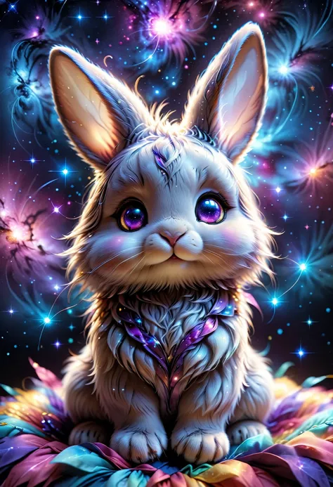 (((videogame_style))), (sharp focus:1.2), lineart, flat color, monochrome, greyscale, depth of field, bokeh, 8k, OLED, 1 bunny, being playful, wearing ribbon choker in different colours, different fur, super cute,, The bunny raises its paws towards the viewer, in the galaxy, space bunny lying on a ruffled pillow in the clouds,purple pillow, lluminated by the ethereal glow of cosmic lightning, the light is reflecting shadows on the cute animal, for the viewer, it appears alive, as if a glimpse of its inner sparkle is possible, star sky, peacful and grateful atmosphere, painted hearts, magical atmosphere, close up, (((cuteness overload))), <lora:detailed_notrigger:0.9>, zhibi <lora:zhibi:0.8>, <lora:tweak-detail-xl:0.7> <lora:Jed-Cosmos-sdxl:0.7> Jed-Cosmos