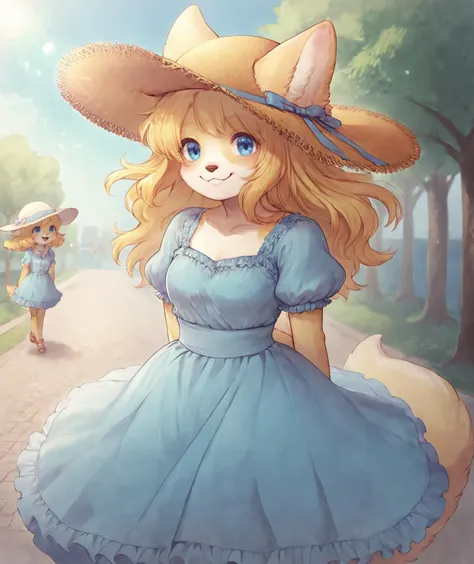 score_8_up, score_9_up, by kiichi, furry, blue eyes, dress, wide brim hat, sun hat, outside, park, sunny, smile, windy, wind blowing, cute, pretty, gorgeous, arms behind back, one girl, <lora:KiichiMiyubi-e_Style:0.8> <lora:tweak-detail-xl:1> <lora:neg4all_bdsqlsz_xl_V7:1>