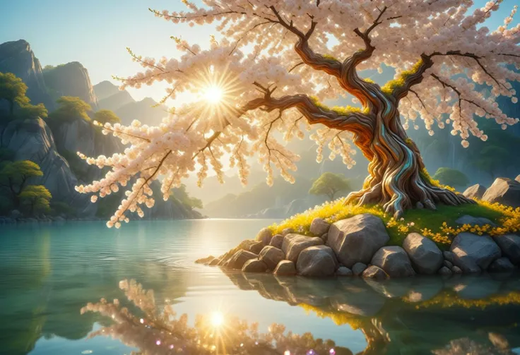 calligraphyinkstyle, sunlight, midday sun, summer, volumetric lighting, sunshine reflected in the water, sunrise, detailed background, peaceful atmosphere, detail colour is yellow, a cherry blossom tree, blooming flowers,<lora:tweak-detail-xl:0.7>, gems made of ral-ntrgmstn, <lora:ral-ntrgmstn-sdxl:0.9> <lora:SDXLFaeTastic2400:0.1>