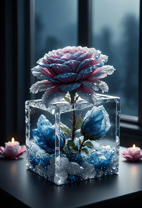 (((videogame_style))), lineart:1.2, (sharp focus:1.2), lineart, flat color, monochrome, greyscale, ((1 blue rose)), (moody lightning:1.2), soft grey light, depth of field, bokeh, 8k, OLED, beautiful blue rose Illuminated by the ethereal glow of studio lightning, the light is reflecting shadows on the blue saphirs, the light reflection sparcles around it, the harmonic play of light and shadow underlines the natural beauty of the blue roses,, (the petals are velvety and silky curved:1.2), (high contrast to catch the play of light and shadows),, one blue rose:(For the viewer, the flower appears alive, as if a glimpse of her inner sparkle is possible),,simple light grey background, by night, peacful and grateful atmosphere, painted hearts, magical atmosphere, (flying pink dahlia inside a transparent crystal cube) on a dessert table in front of a bright window, the moonlight casts a beam of light onto the flower and seems to melt your ice cube in which the flower is located, water mist emanates from the cube, award winning art, deserted space, landscape, detail colour is blue, magical atmosphere, fairytale like <lora:detailed_notrigger:0.9>,<lora:tweak-detail-xl:0.7>, gems made of ral-ntrgmstn, <lora:ral-ntrgmstn-sdxl:0.9> <lora:SDXLFaeTastic2400:0.1>