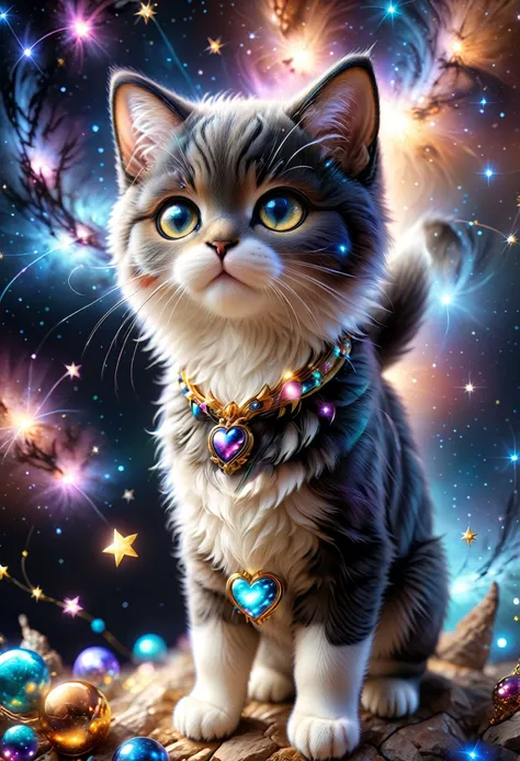 (((videogame_style))), (sharp focus:1.2), lineart, flat color, monochrome, greyscale, depth of field, bokeh, 8k, OLED, 1 cat, being playful, wearing ribbon choker in different colours, different fur, super cute,, The cat raises its paws towards the viewer, in the galaxy, space cat flying in the stars,lluminated by the ethereal glow of cosmic lightning, the light is reflecting shadows on the cute animal, for the viewer, it appears alive, as if a glimpse of its inner sparkle is possible, star sky, peacful and grateful atmosphere, painted hearts, magical atmosphere, close up, (((cuteness overload))), <lora:detailed_notrigger:0.9>, zhibi <lora:zhibi:0.8>, <lora:tweak-detail-xl:0.7> <lora:Jed-Cosmos-sdxl:0.7> Jed-Cosmos