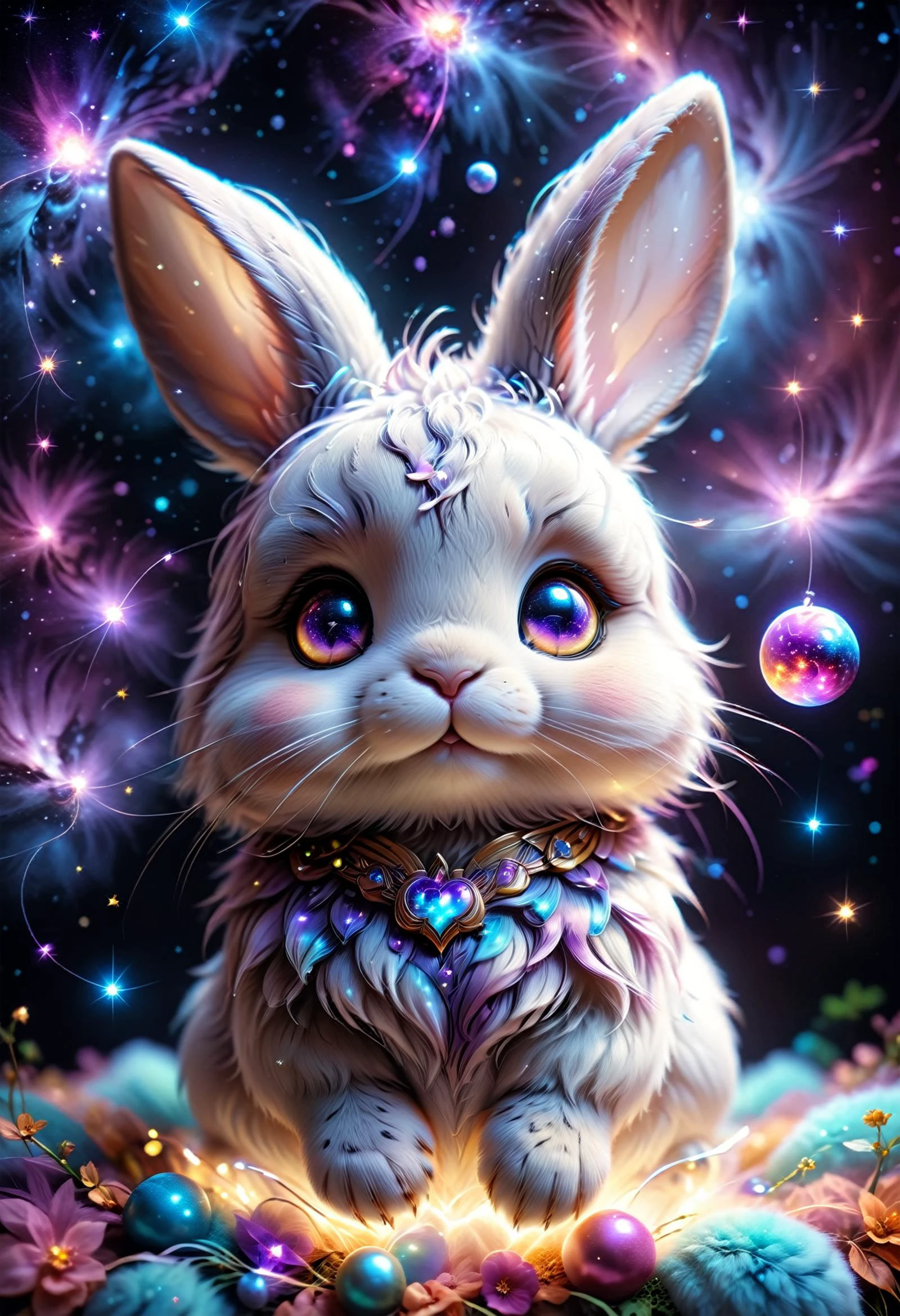 (((videogame_style))), (sharp focus:1.2), lineart, flat color, monochrome, greyscale, depth of field, bokeh, 8k, OLED, 1 bunny, being playful, wearing ribbon choker in different colours, different fur, super cute,, The bunny raises its paws towards the viewer, in the galaxy, space bunny lying on a ruffled pillow in the clouds,purple pillow, lluminated by the ethereal glow of cosmic lightning, the light is reflecting shadows on the cute animal, for the viewer, it appears alive, as if a glimpse of its inner sparkle is possible, star sky, peacful and grateful atmosphere, painted hearts, magical atmosphere, close up, (((cuteness overload))), <lora:detailed_notrigger:0.9>, zhibi <lora:zhibi:0.8>, <lora:tweak-detail-xl:0.7> <lora:Jed-Cosmos-sdxl:0.7> Jed-Cosmos