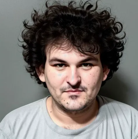 a mugshot of sbf in prison, wearing prison uniform, ((high quality)) ,