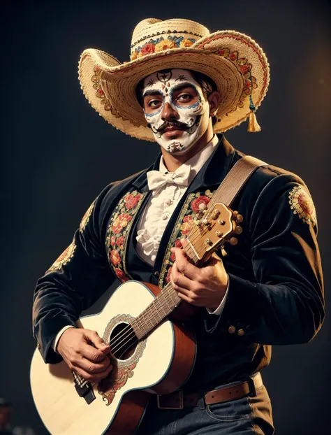 <lora:illustration:0.3> illustration, <lora:CatrinaMakeUp_Concept-10:0.3> CatrinaMakeUp, dia de los muertos + mariachi playing guitar + sombrero + traje de charro + mustache, male cute youthful face, looking at viewer, realistic, professional photo 4k, high resolution, high detail <lora:more_details:0.25>