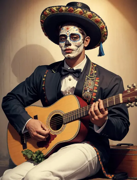 <lora:illustration:0.3> illustration, <lora:CatrinaMakeUp_Concept-10:0.3> CatrinaMakeUp, dia de los muertos + mariachi playing guitar + sombrero + traje de charro, male cute youthful face, looking at viewer, realistic, professional photo 4k, high resolution, high detail <lora:more_details:0.25>