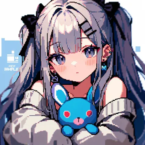 best quality,masterpiece,<lora:pixel_art:1.1>,pixel_art,looking_at_viewer,
1girl,hair ornament,stuffed toy,two side up,long hair,bow,looking at viewer,stuffed animal,jewelry,bangs,sweater,stuffed bunny,rabbit hair ornament,heart,solo,holding stuffed toy,hair bow,off shoulder,earrings,ribbon,long sleeves,hairclip,holding,shirt,black bow,upper body,blush,black ribbon,grey hair,closed mouth,grey eyes,bare shoulders,sample watermark,piercing,bandaid,ear piercing,sleeves past wrists,white background,rabbit,hair ribbon,, best quality, masterpiece,