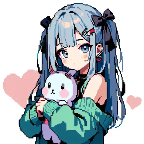 best quality,masterpiece,<lora:pixel_art:1.1>,pixel_art,looking_at_viewer,
1girl,hair ornament,stuffed toy,two side up,long hair,bow,looking at viewer,stuffed animal,jewelry,bangs,sweater,stuffed bunny,rabbit hair ornament,heart,solo,holding stuffed toy,hair bow,off shoulder,earrings,ribbon,long sleeves,hairclip,holding,shirt,black bow,upper body,blush,black ribbon,grey hair,closed mouth,grey eyes,bare shoulders,sample watermark,piercing,bandaid,ear piercing,sleeves past wrists,white background,rabbit,hair ribbon,, best quality, masterpiece,
