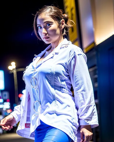 best quality, 1girl, (skindentation), (gigantic breast:1.2), blur background, (street:1.2), (people, crowds:0.8), (time square), (night, outdoor), (casual yet stylish, labcoat, pencil skirt, blouse, pantyhose:1.5), gorgeous, (blue eyes, hair up:1.5), (floating hair:1.2), (dynamic pose:1), soft lighting, wind, mature woman, milf, thick woman, thick thigh, <lora:127582:1>