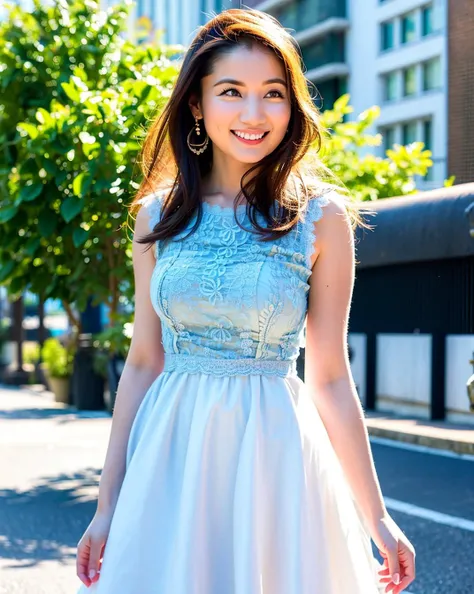 a woman posing on the street corner with dress on, best quality, 1girl, breasts, day, bright, blur background, bokeh, outdoor, (street:0.8), (people, crowds:1), (lace-trimmed dress:1.5, sleeveless dress, gorgeous, beautiful detailed sky, beautiful earrings, (dynamic pose:1), (upper body:0.8), soft lighting, wind, shiny skin, smile, <lora:127582:1>