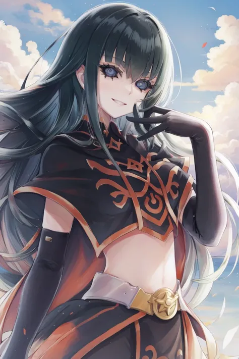 dscarly, 1girl, solo, long hair, smile, gloves, scenery, purple eyes, green hair, black gloves, elbow gloves, midriff, crop top, (black_sclera),blue eyes, solid eyes,pupil, <lora:DS_Carly_YGO-08:1>