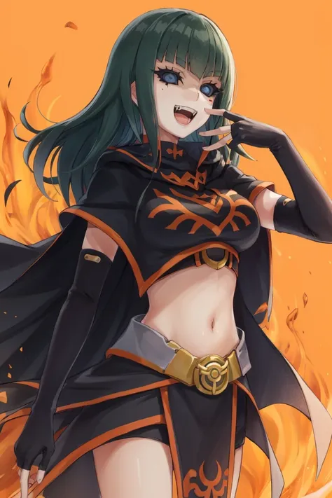 dscarly, 1girl, solo, long hair, smile, open mouth, simple background, gloves, navel, :d, green hair, black gloves, elbow gloves, midriff, belt, blunt bangs, fingerless gloves, cape, crop top, fangs,  (black_sclera),blue eyes, solid eyes,pupil, colored sclera, <lora:DS_Carly_YGO-08:0.9>