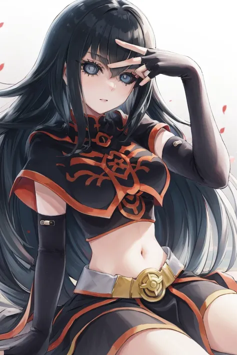dscarly, 1girl, solo, long hair, skirt, gloves, navel, sitting, elbow gloves, midriff, fingerless gloves, (black_sclera),blue eyes, solid eyes,pupil, <lora:DS_Carly_YGO-08:1>