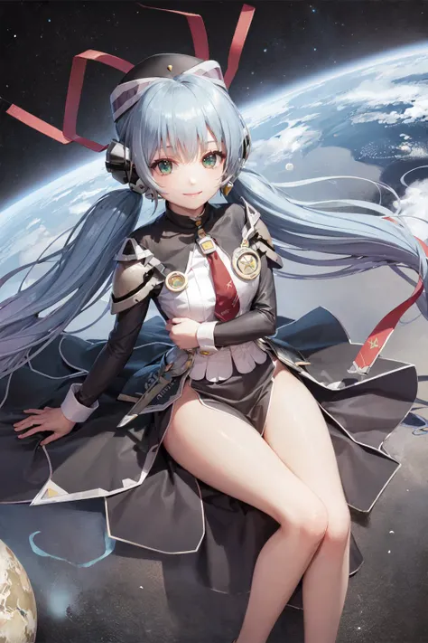 (masterpiece, best quality:1.2), <lora:planetarian_hoshino-12:1>, solo, 1girl, hoshino yumemi, smile, looking at viewer, twintails, hat, dress, red necktie, long sleeves, skirt, outer space, earth \(planet\)