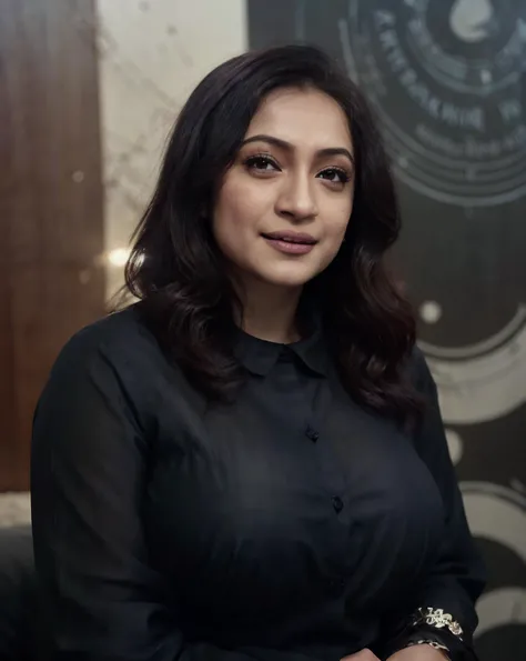 photo of tahmina, beautiful Bangladeshi plump woman, <lora:tahmina:1> tahmina bhabhi, cleavage, nervous smile, dark skin, bags under eyes, upper body, wearing black shirt, (in a disco:1.2), posing for photo, party, film grain, shoot on Fujifilm X-T4, (moody lighting:1.2)