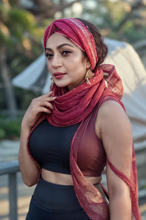 photo of tahmina, beautiful Bangladeshi mature old plump woman, <lora:tahmina:1> tahmina bhabhi, (moody lighting:1.3), blurry background, Realism, Denoise, absurdres, high resolution, (8k resolution), 8k, 8kres, 8k res, Medium Wide Shot, Single Shot, Deep Focus, Ground Level Shot, Profile Camera Staging, From Side, Looking Right, "Early Fifties, 60-64 years old", Red Lip Stick, Glossy Lip Stick, Lips, "Flirty, Playful and Teasing", "Sleek Bob, Polished and Modern", "Curvy body", "Scarf, Wrap, Shawl, Pashmina", "Gloves, Mittens, Fingerless, Driving", "Headband, Headwrap, Bandana, Hairpiece", "Moody, Dark, Mysterious, Atmospheric", "Workout Outfit: Leggings, Sports Bra, Athletic Shoes", "Tunic, Relaxed and Stylish", "Shorts, Casual and Cool", "Historic Architecture: Old buildings, intricate details, and timeless beauty"