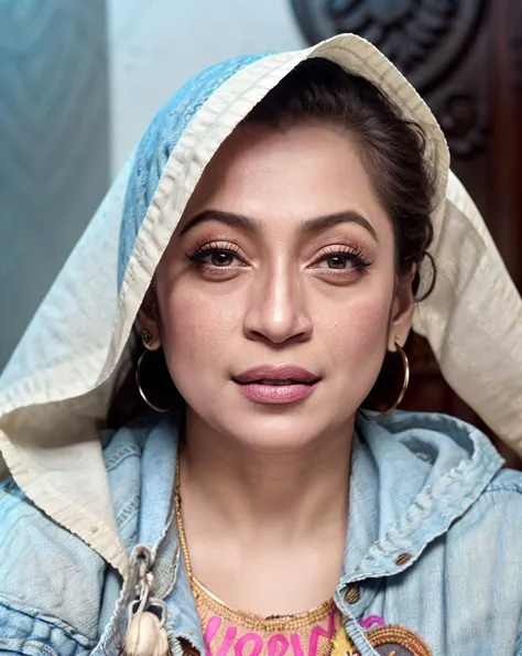 portrait photo of tahmina, 45 years old beautiful Bangladeshi woman, <lora:tahmina:0.9> tahmina bhabhi, bags under eyes, lipstick, in denim jacket, eye level shoot, film grain, shoot on Fujifilm X-T4, style by Flora Borsi, Style-Kitchen