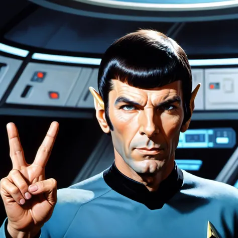 On the starship enterprise, Spock stands and greets the photographer with the Vulcan salute and trademark Vulcan hand signal while raising an eyebrow, masterpiece Oil painting, depth of field 100mm, Cold Colors, Colorful details, most beautiful artwork in the world, Best quality