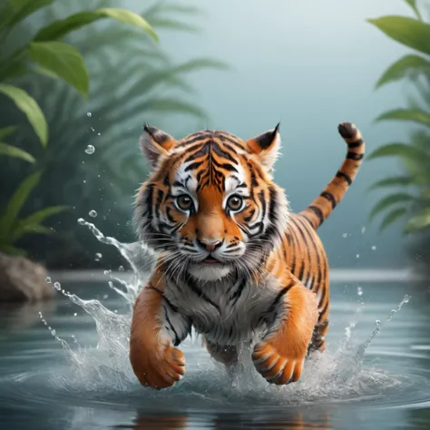 a cute [mouse:tiger:2] running over water, 8k, uhd, dslr, realistic, award winning photo