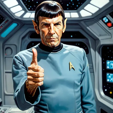 On the old starship enterprise, Leonard Nimoy as Spock stands and greets the photographer with the thumb up gesture while raising an eyebrow, Vulcan smiling, masterpiece Oil painting, depth of field 100mm, Cold Colors, Colorful details, most beautiful artwork in the world, Best quality