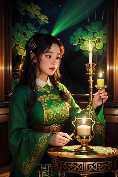 Dive into Celtic mystique with an enchanting illustration embodying St. Patrick's Day. This surreal artwork blends shamrocks, a golden pot, pipe, harp, candle, and beer into a mesmerizing tapestry of Celtic motifs. Centered amidst the intricacy is the silhouette of a girl donning a leprechaun costume, emanating an aura of wonder and enchantment. Through its masterful brushwork and depth, this illustration invites viewers on a journey where ancient tradition meets modern artistry, while adhering to SFW guidelines to celebrate the essence of Civitans, 1 girl, <lora:_seorina-02:1>