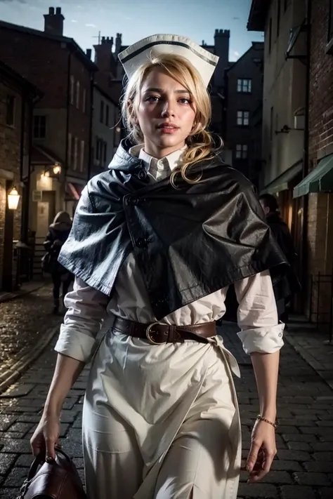 (realistic:1.3), finely detailed, quality, rembrandt lighting, (masterpiece:1.2), (photorealistic:1.2), (best quality), (detailed skin:1.3), (intricate details), dramatic, ray tracing, 1girl, castti, 21 years old, detailed skin texture, (blush:0.5), (goosebumps:0.5), subsurface scattering, smiling, medium breasts, hat, blue capelet, blue dress, apron, cowboy shot, (bright sunny day, outdoors, medieval european village), <lora:castti-nvwls-v1:1>
