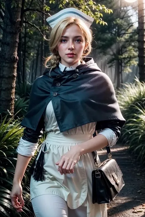 (realistic:1.3), finely detailed, quality, rembrandt lighting, (masterpiece:1.2), (photorealistic:1.2), (best quality), (detailed skin:1.3), (intricate details), dramatic, ray tracing, 1girl, castti, 21 years old, detailed skin texture, (blush:0.5), (goosebumps:0.5), subsurface scattering, smiling, medium breasts, hat, (blue:1.2) capelet, blue dress, apron, cowboy shot, (outdoors, forest, night, moon), <lora:castti-nvwls-v1:1>