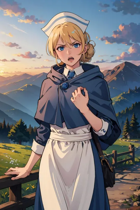 masterpiece, best quality, <lora:castti-nvwls-v1-000009:0.9> castti, hat, blue capelet, blue dress, apron, standing, looking at viewer, serious, hand to own chest, mountains, dusk, grey sky, open mouth