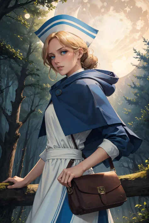 masterpiece, best quality, <lora:castti-nvwls-v1-000009:0.9> castti, hat, blue capelet, blue dress, apron, from side, worried, cowboy shot, night, forest, moon