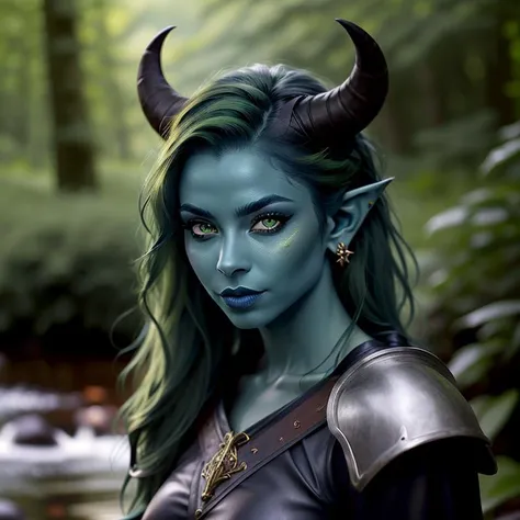 <lora:RPGTiefling:0.7> tiefling:1.2, solo, 1girl, tiny one inch tall horns, long hair, green hair, blue colored skin, pointy ears, lips, blurry, upper body, jewelry, leather armor, blurry, blurry background, realistic:1.3, depth of field, forest stream, (perfect body, beautiful face, eye shadow, gorgeous green eyes, detailed face), (sexy, seductive), (photorealistic:1.6), (mature adult:1.25)  <lora:blue247:1> blue colored skin (blue_skin)