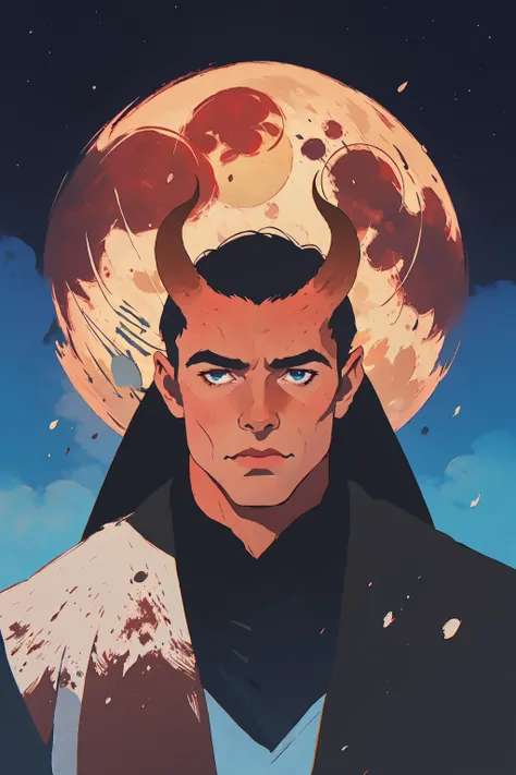 splatter, drawing of a man black hair, long, horns, tail, red skin in a black robe front of a full moon with blue splots, Cedric Seaut (Keos Masons), epic fantasy character art, a character portrait, fantasy art (best quality:1.27), (masterpiece:1.27), (highres:1.20) (digital illustration:1.20), (manga-art:1.25), detailed face, eyes and hands, circle, crescent moon, full moon, weapon, male focus, moon, moonlight, night, night sky, planet, red moon, sky, solo, sun <lora:tiefling_offset:1>