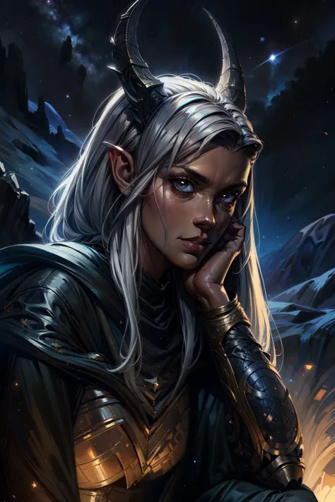 solo,1girl,portrait tiefling female,dark gray skin,(sitting on hill,looking at stars),hyperdefined,intricate detail,complex lighting,detailed background,fantasy aesthetic <lora:tiefling_offset:1> <lora:add_detail:0.6>
