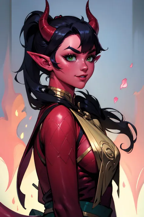 highres, masterpiece, perfect lighting, bloom, cinematic lighting, adult, female, looking at viewer, (RSEEmma:1.5),<lora:RSERomantic_RSESofiko_RSEEmma-v1:0.3>, <lora:tiefling_offset:1> tiefling, (colored skin, red skin), horns, demon horns, oni horns, dragon horns, tail, pointy ears, side-swept bangs, black hair, pink IncursioDipDyedHair, messy mid ponytail, green eyes, thick eyebrows, freckles, smile <lora:DipDyedHair:1>