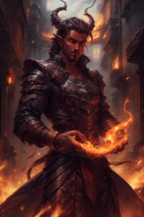 masterpiece, best quality, cinematic, natural lighting,insane detail, detailed background, professional photography,highres,handsome,thick facial hair,beautiful eyes, skin(red),armor,bulge,bracelet,tiefling,red skin,colored skin,devil horn,male focus,looking at viewer,manly,hairy,pyromancer