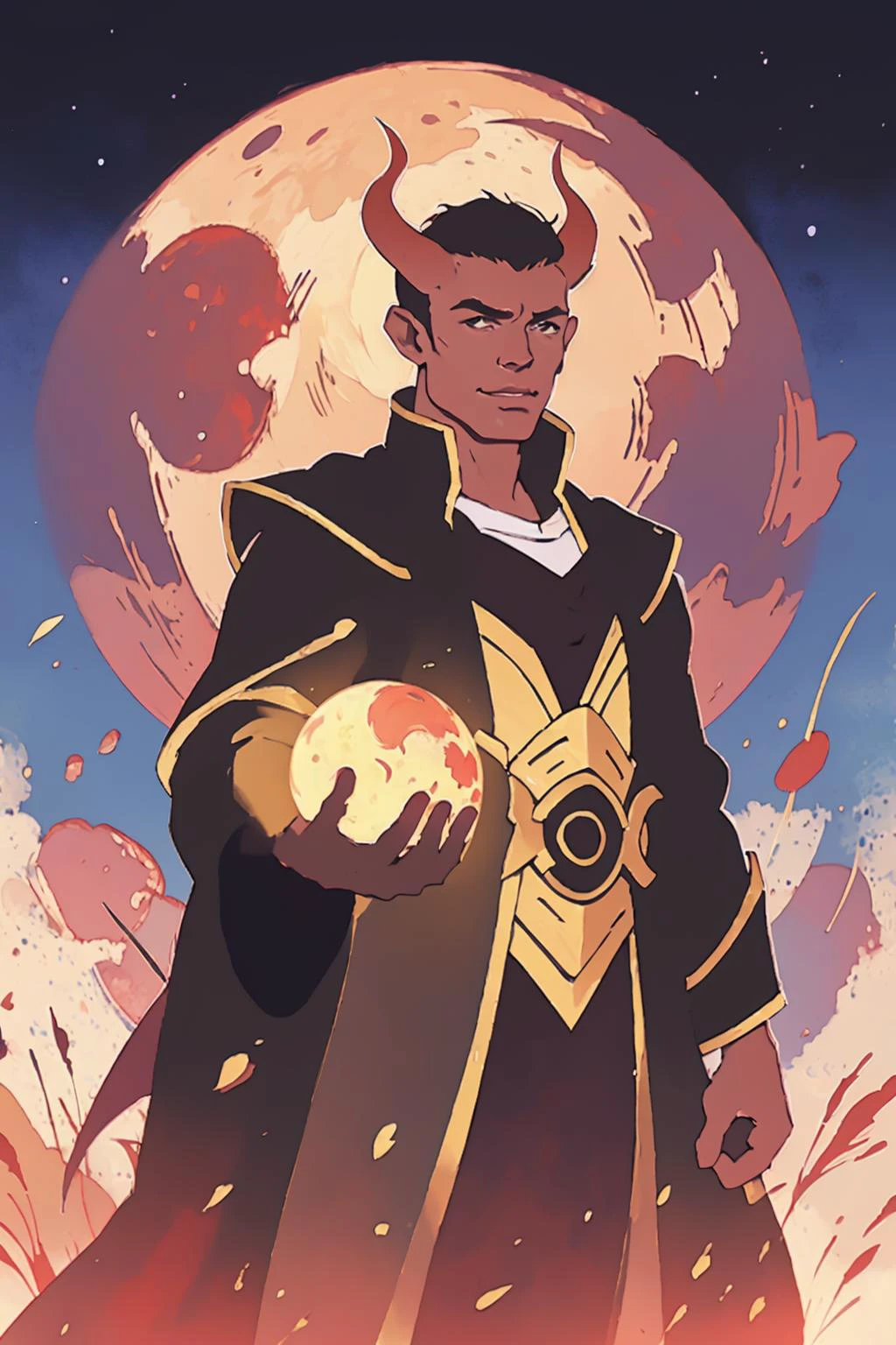 splatter, drawing of a man black hair, long, horns, tail, red skin in a black robe front of a full moon with blue splots, Cedric Seaut (Keos Masons), epic fantasy character art, a character portrait, fantasy art (best quality:1.27), (masterpiece:1.27), (highres:1.20) (digital illustration:1.20), (manga-art:1.25), detailed face, eyes and hands, circle, crescent moon, full moon, weapon, male focus, moon, moonlight, night, night sky, planet, red moon, sky, solo, sun <lora:tiefling_offset:1>