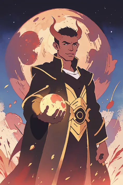 splatter, drawing of a man black hair, long, horns, tail, red skin in a black robe front of a full moon with blue splots, Cedric Seaut (Keos Masons), epic fantasy character art, a character portrait, fantasy art (best quality:1.27), (masterpiece:1.27), (highres:1.20) (digital illustration:1.20), (manga-art:1.25), detailed face, eyes and hands, circle, crescent moon, full moon, weapon, male focus, moon, moonlight, night, night sky, planet, red moon, sky, solo, sun <lora:tiefling_offset:1>