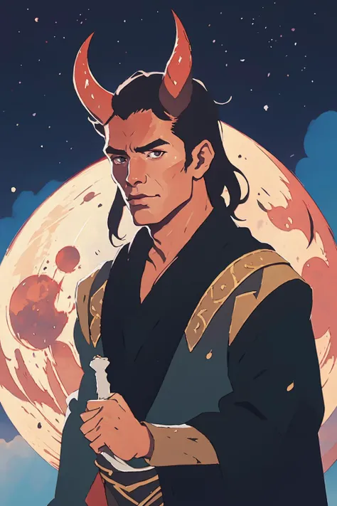 splatter, drawing of a man black hair, long, horns, tail, red skin in a black robe front of a full moon with blue splots, Cedric Seaut (Keos Masons), epic fantasy character art, a character portrait, fantasy art (best quality:1.27), (masterpiece:1.27), (highres:1.20) (digital illustration:1.20), (manga-art:1.25), detailed face, eyes and hands, circle, crescent moon, full moon, weapon, male focus, moon, moonlight, night, night sky, planet, red moon, sky, solo, sun <lora:tiefling_offset:1>