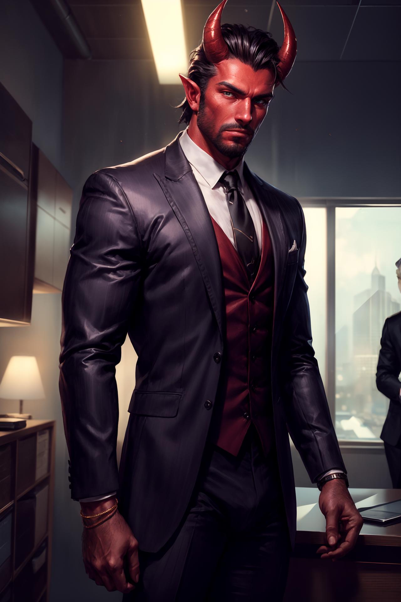 A close up of a man in a suit with horns on his head - SeaArt AI