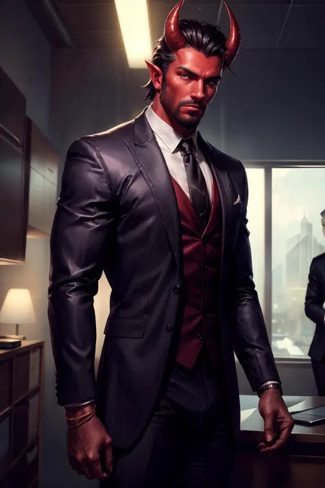 masterpiece, best quality, cinematic, natural lighting,insane detail, detailed background, professional photography,highres,handsome,facial hair,beautiful eyes, skin(red),suit(black) and tie,bulge,office,FLYING,standing,bracelet,tiefling,red skin,colored skin,devil horn,male focus,close up,looking at viewer
