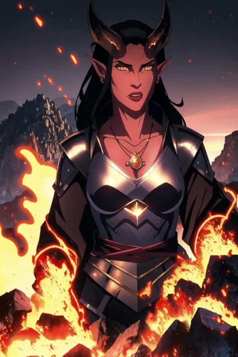 Tiefling, sorceress, solo, horns, pointy ears, female focus, black hair, female, long hair, jewelry, orange eyes, colored skin, necklace, exotic armor, demon horns, red skin, upper body, (hell, fire, lava, molten rock:0.9), (dark sky, infernal space:0.8), meteor, armageddon, ((masterpiece, best quality)) <lora:tiefling_offset:0.85>, <lora:Invincible:0.4>