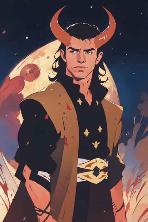 splatter, drawing of a man black hair, long, horns, tail, red skin in a black robe front of a full moon with blue splots, Cedric Seaut (Keos Masons), epic fantasy character art, a character portrait, fantasy art (best quality:1.27), (masterpiece:1.27), (highres:1.20) (digital illustration:1.20), (manga-art:1.25), detailed face, eyes and hands, circle, crescent moon, full moon, weapon, male focus, moon, moonlight, night, night sky, planet, red moon, sky, solo, sun <lora:tiefling_offset:1>